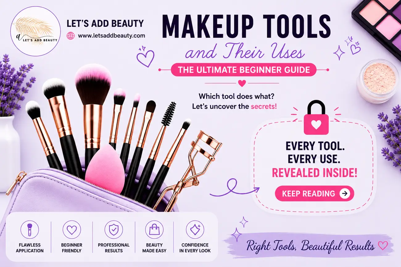 Beginner makeup tools and their uses guide featuring beauty blender, makeup brushes, eyelash curler, and makeup bag in pastel pink and purple theme by LetsAddBeauty