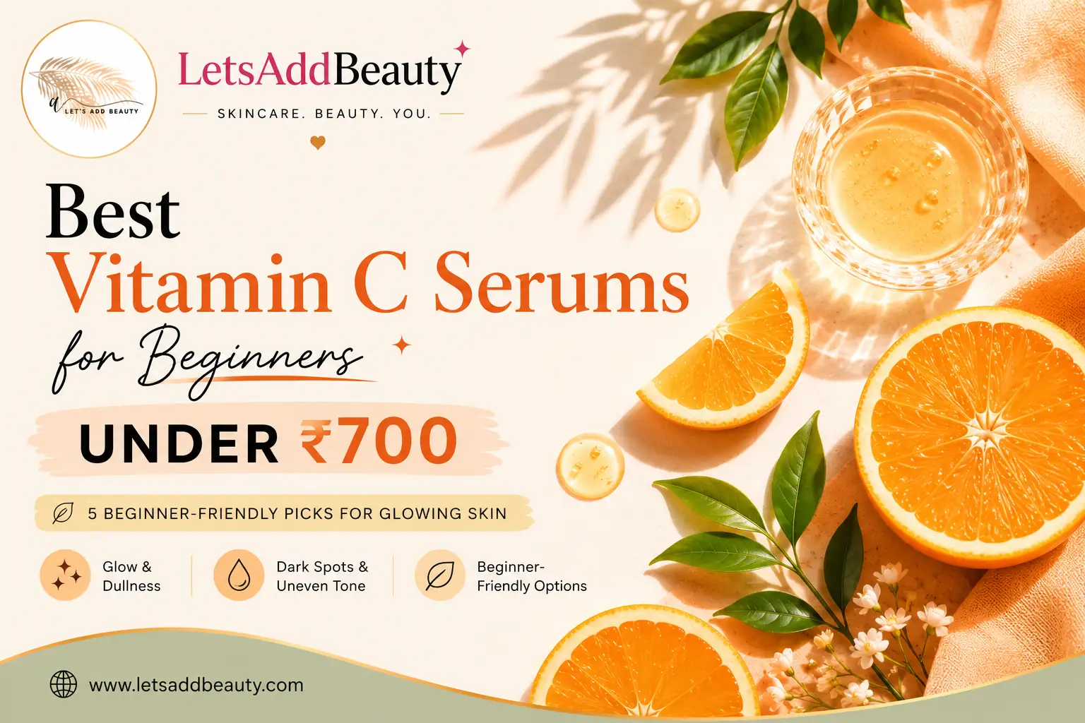 Best Vitamin C serums for beginners under ₹700 in India, featuring a pastel skincare design with oranges and botanical elements