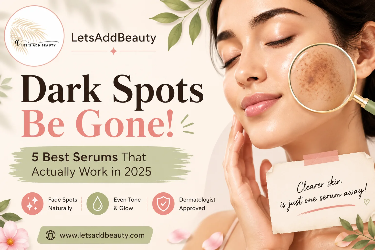 Dark spots and hyperpigmentation skincare guide with woman showing facial pigmentation